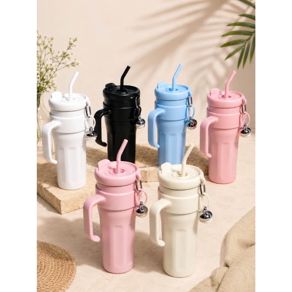 Copo Térmico 1200ml Aço Inoxidável Com Alça Canudo Metal Silicone Berloque Mosquetão 6 Cores