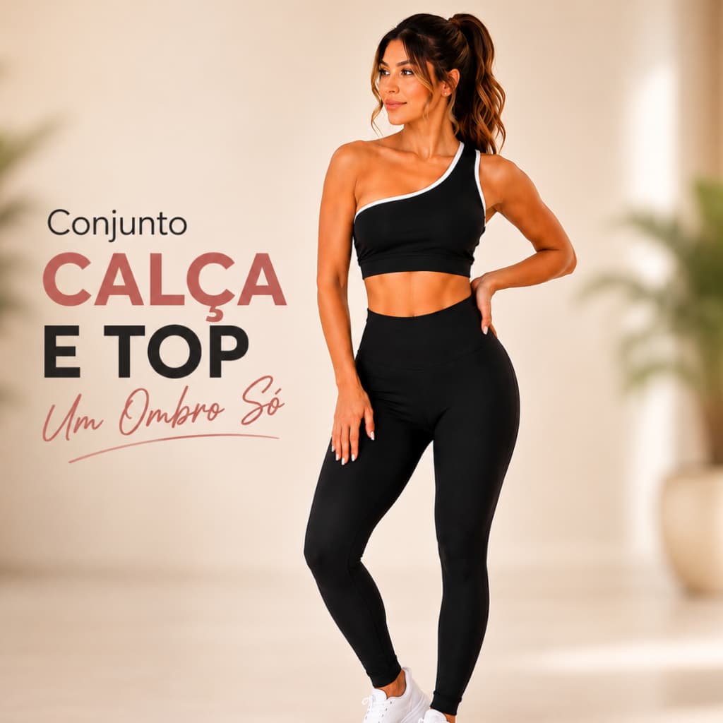 Conjunto Academia Feminino Top Um Ombro Calça Legging Suplex Premium Cintura Alta Fitness Treino Corrida
