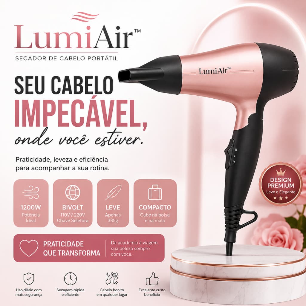 Secador de Cabelo Portátil Bivolt 1200W Compacto Leve para Viagem Rosa LumiAir™