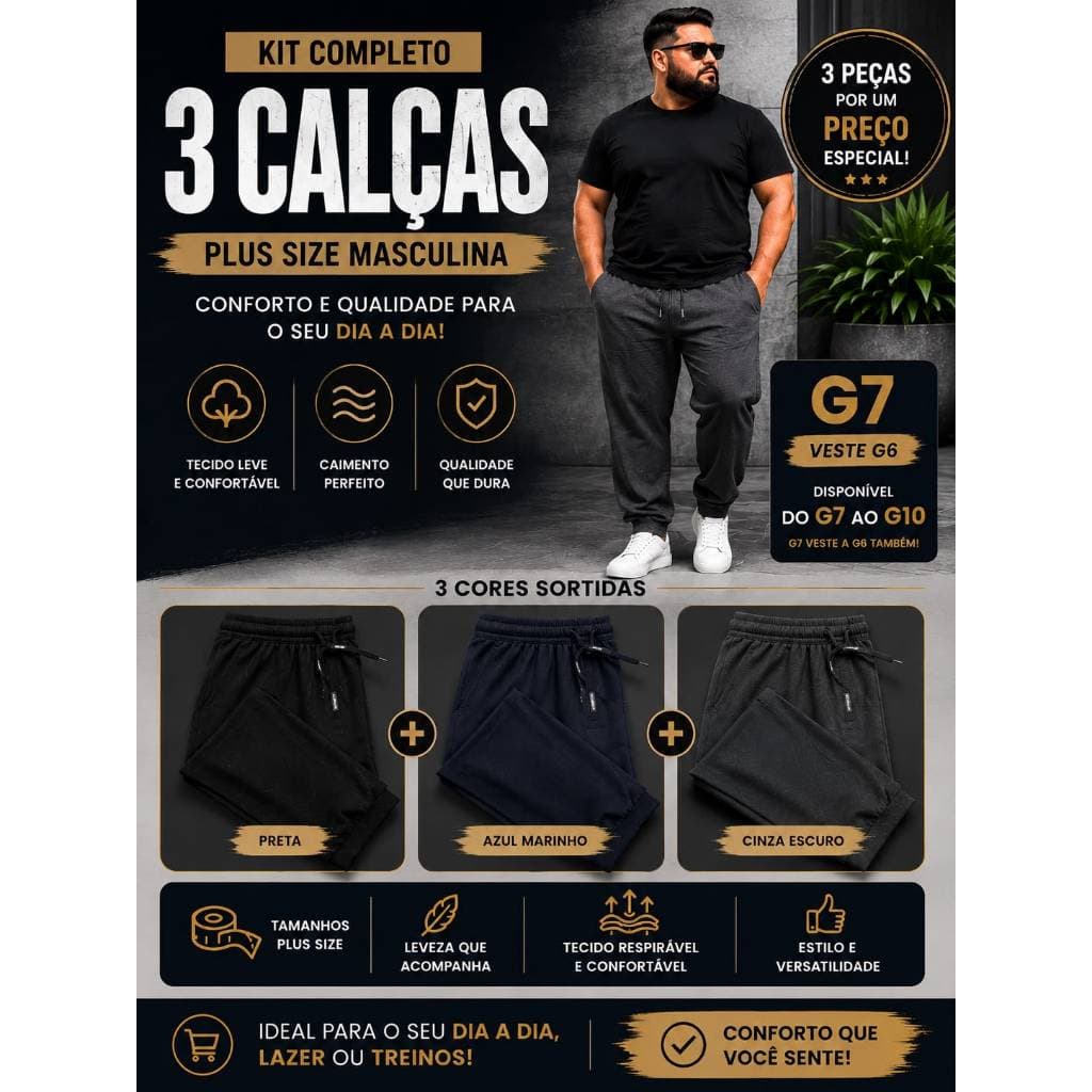 Calça Plus Size Masculina Academia Conforto Kit 3 Peças G7, G8 e G10
