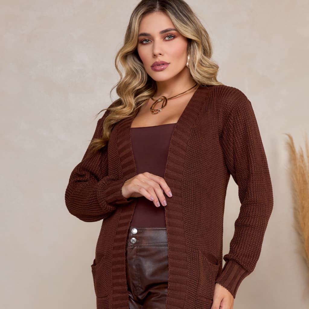 Cardigan Feminino com Bolso Versátil Casaco em Tricot Elegante Moda Feminina Longo Inverno