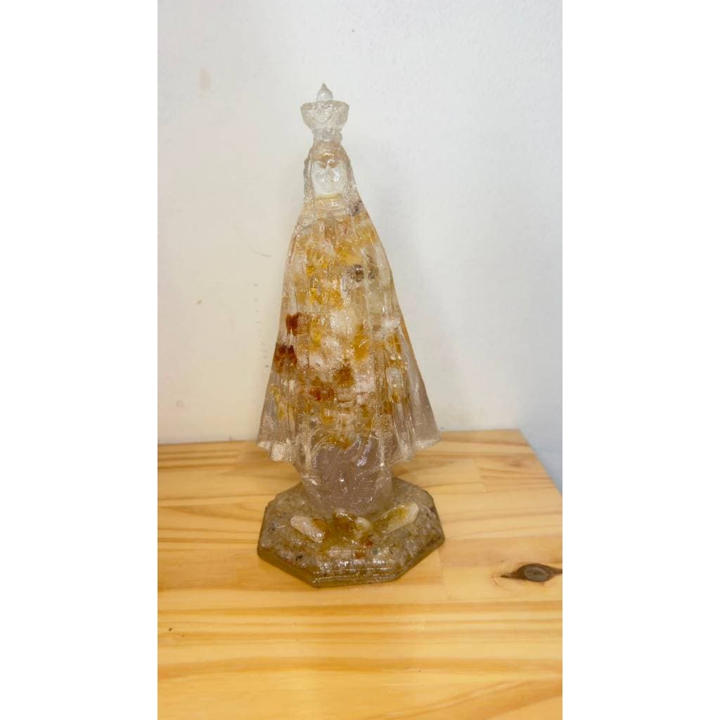Nossa Senhora Aparecida em Resina com Cristais Naturais de Citrino Imagem Religiosa Decorativa