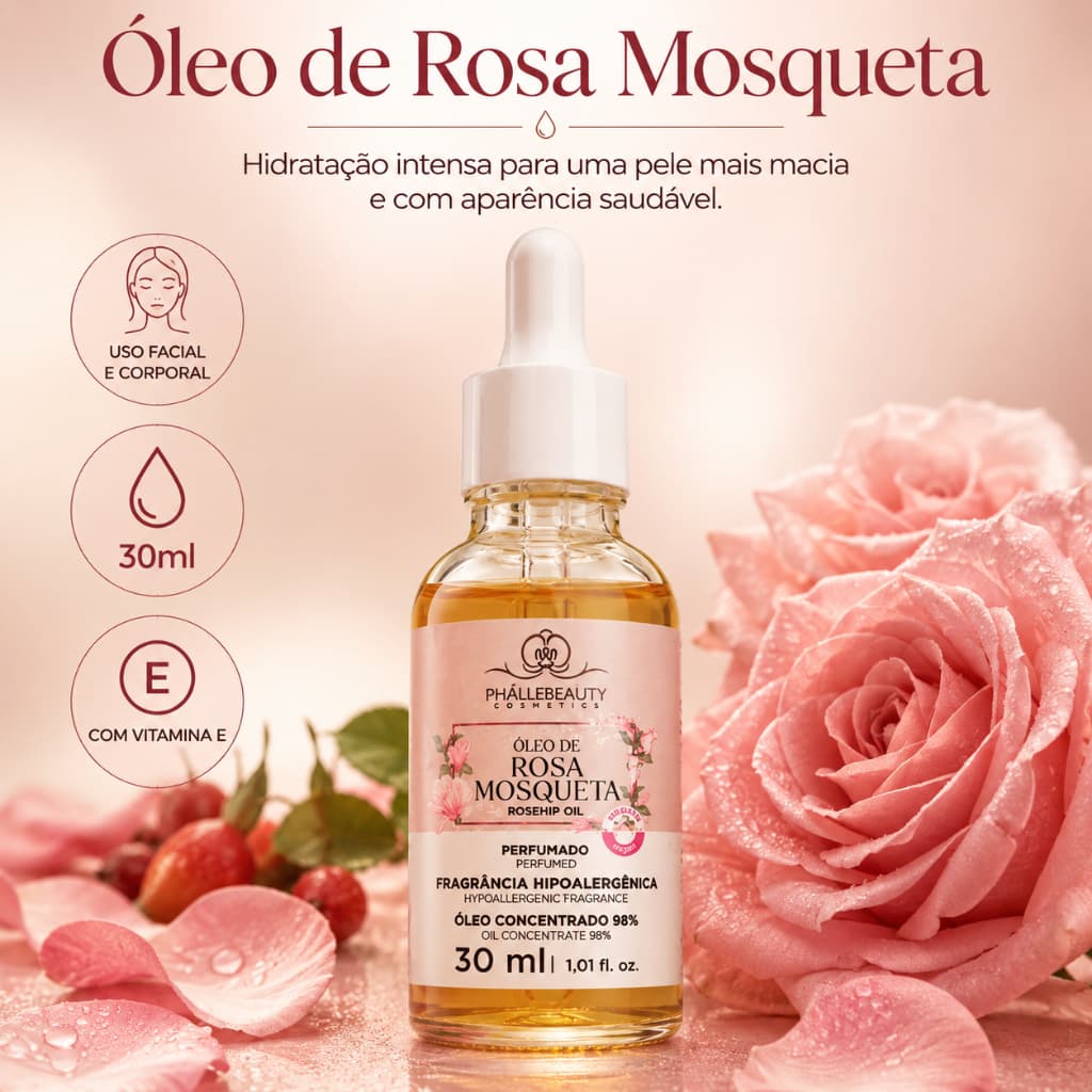 Óleo de Rosa Mosqueta 30ml Phallebeauty Rosto e Corpo com Vitamina E