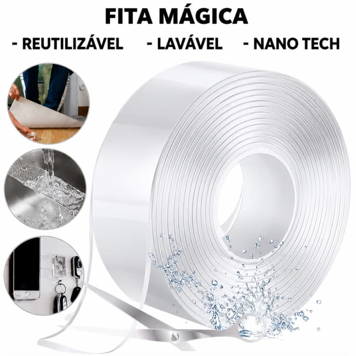 Kit Fita Dupla Face 5M Transparente NanoGel Silicone Adesiva Cola Parede Móvel Porta