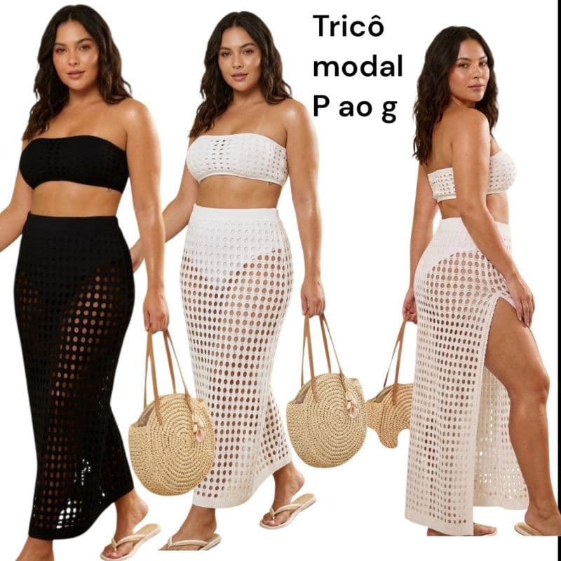 Saia de praia preta e branca,P ao GG. tricô modal cós alto e largo elástico na cintura, slim e plus.Praia, verão, lazer.
