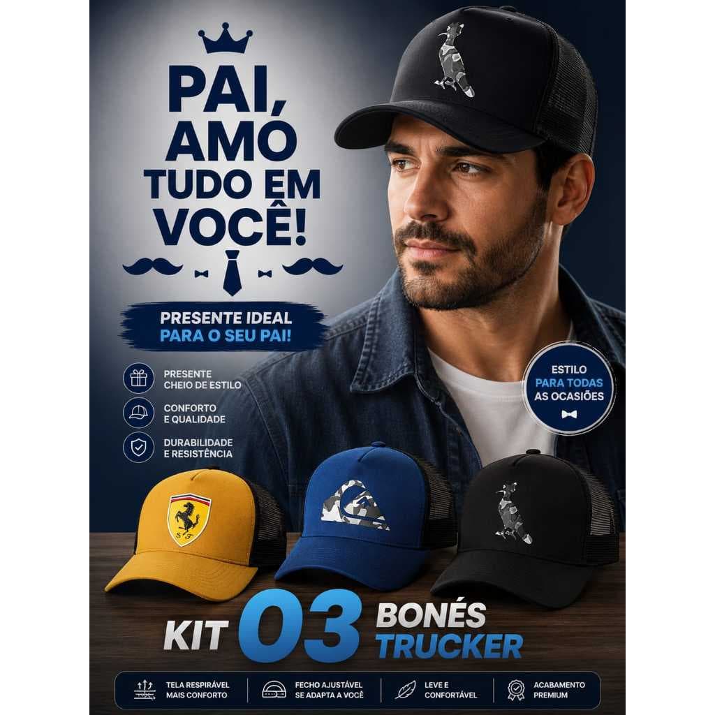 KIT 03 BONES MASCULINO PAPAI OU PAI COM TELA AJUSTAVEL PRESENTE IDEAL PARA PAI  SEU DIA DIA PREMIUM
