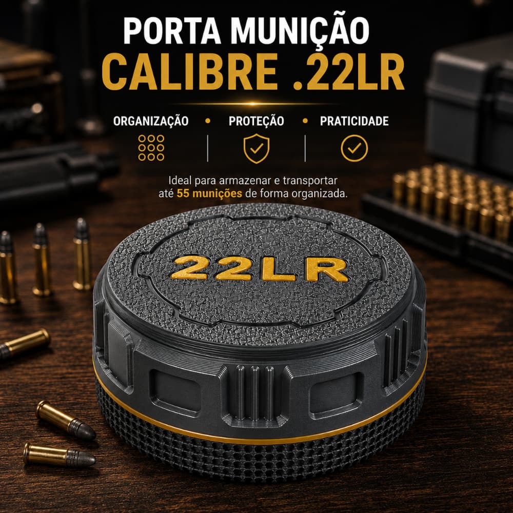 Caixa Estojo Porta Munição .22LR Capacidade 55 Munições Tampa Rosqueável Grafite
