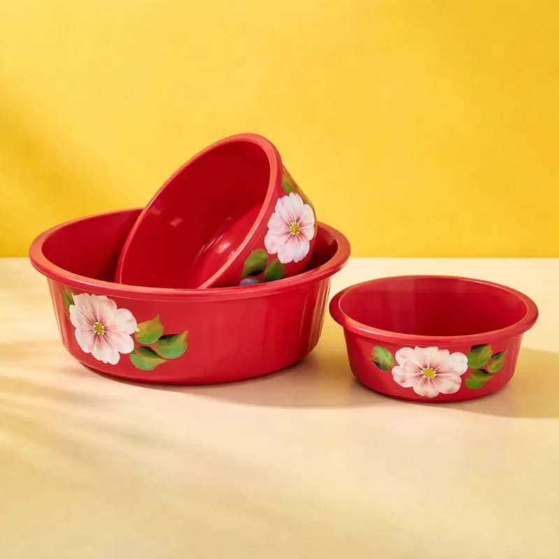 Kit 3 Bacias Plásticas Caneladas Redondas Decoradas À Mão P M G