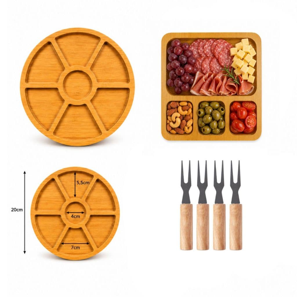 Kit Petisqueira de Bambu 20cm + 4 Garfos para Petiscos, Frios, Queijos e Aperitivos