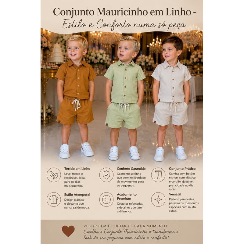 Conjunto Linho Mauricinho  Infantil Menino Off-White, Caramelo, Verde Oliva e Vermelho Festas