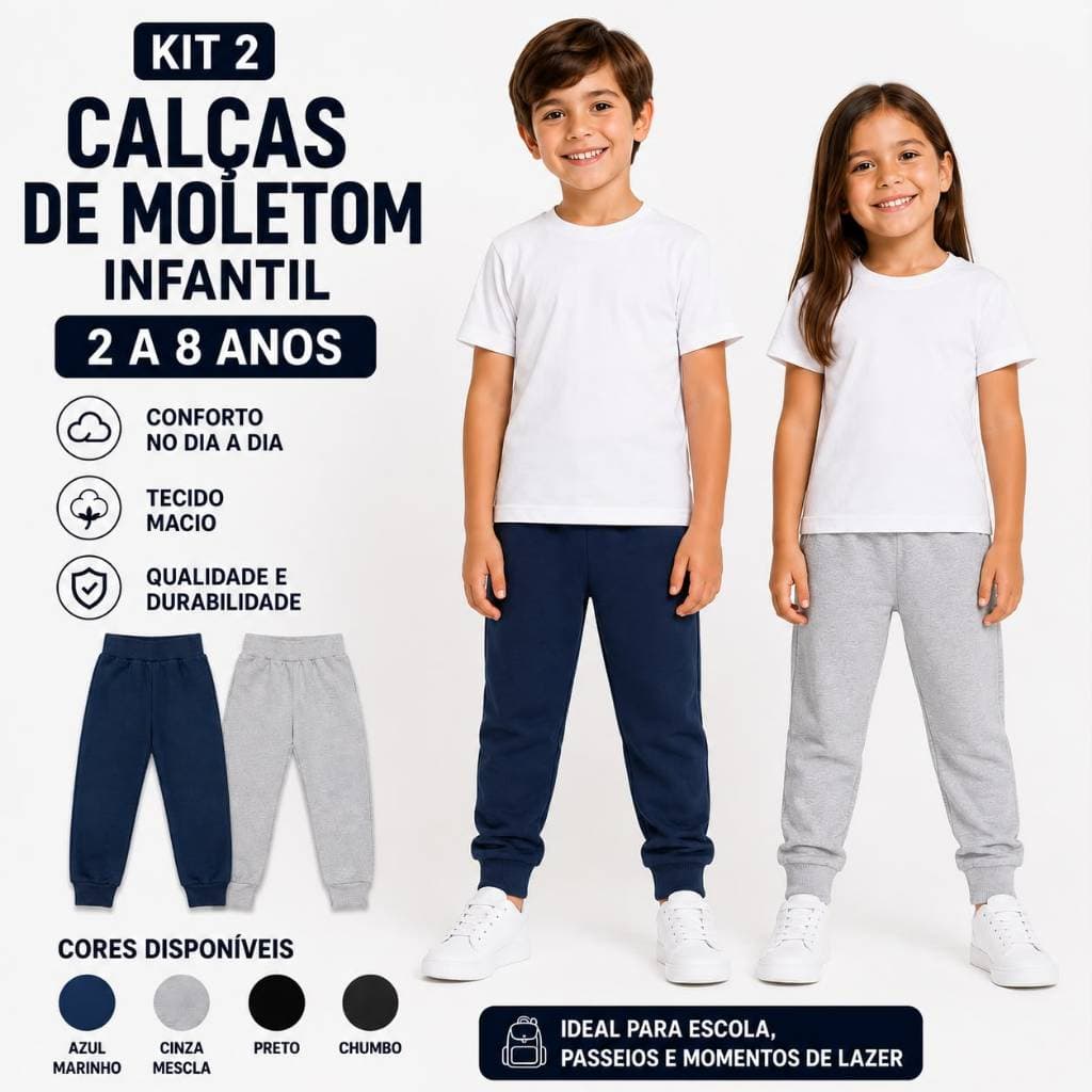 Kit 2 Calças Moletom Infantil  Criança Menino Menina Premium Super Confortável 2 a 8 Anos