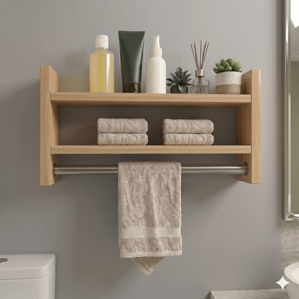 Nicho Banheiro Porta Toalha 40cm Prateleira Organizadora Tubo Metal | Preto Branco Amadeirado