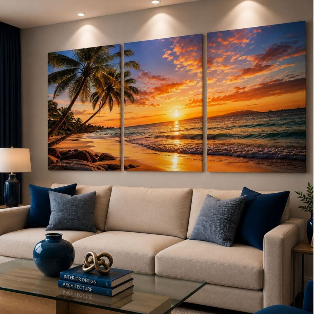 Quadro Decorativo 3 Peças Praia Pôr do Sol Mar Coqueiros Céu Azul Paisagem Natureza Tropical Moderno