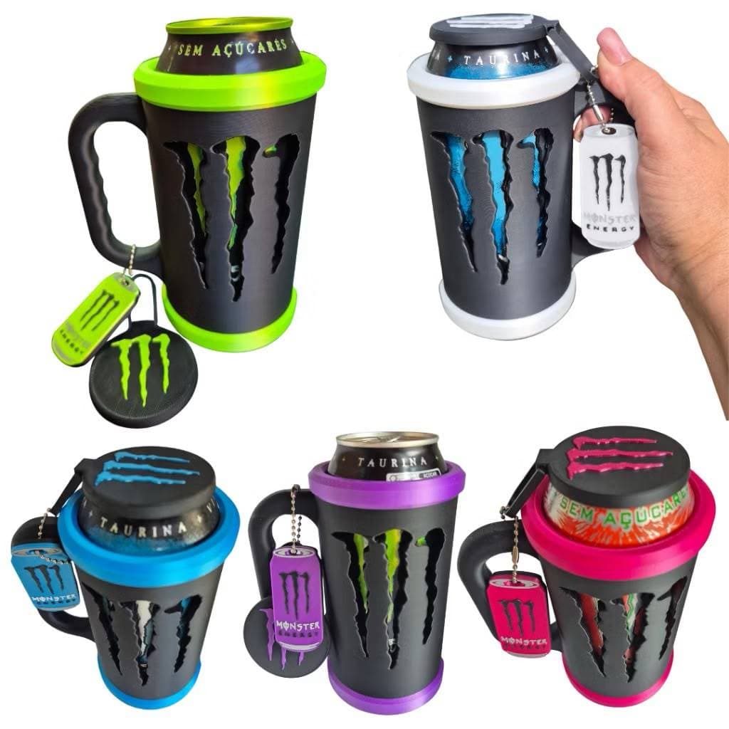 Porta Lata Térmico Monster 473ml Com Tampa Alça e Chaveiro  Suporte para Energético Impressão 3D Premium