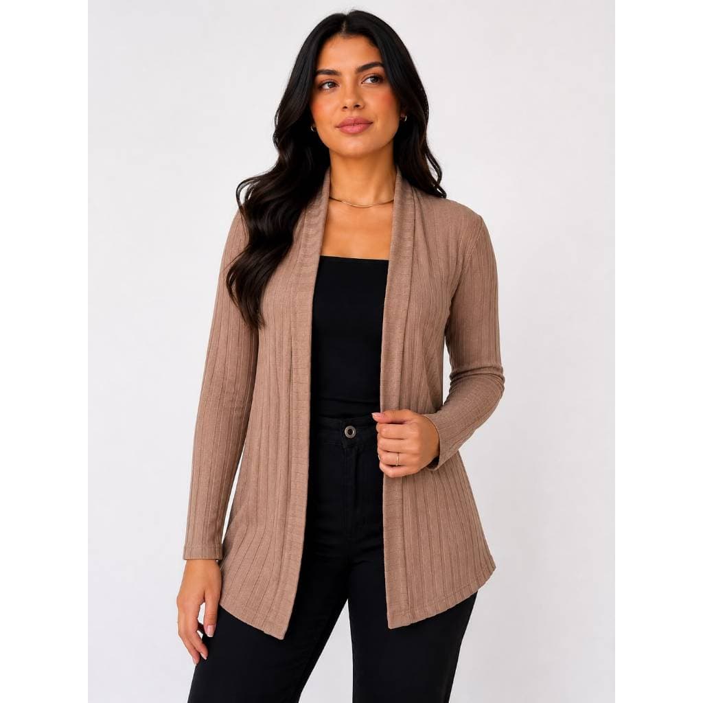 Casaco Cardigan Feminino Canelado Alongado Manga Longa Moda Inverno Elegante e Leve