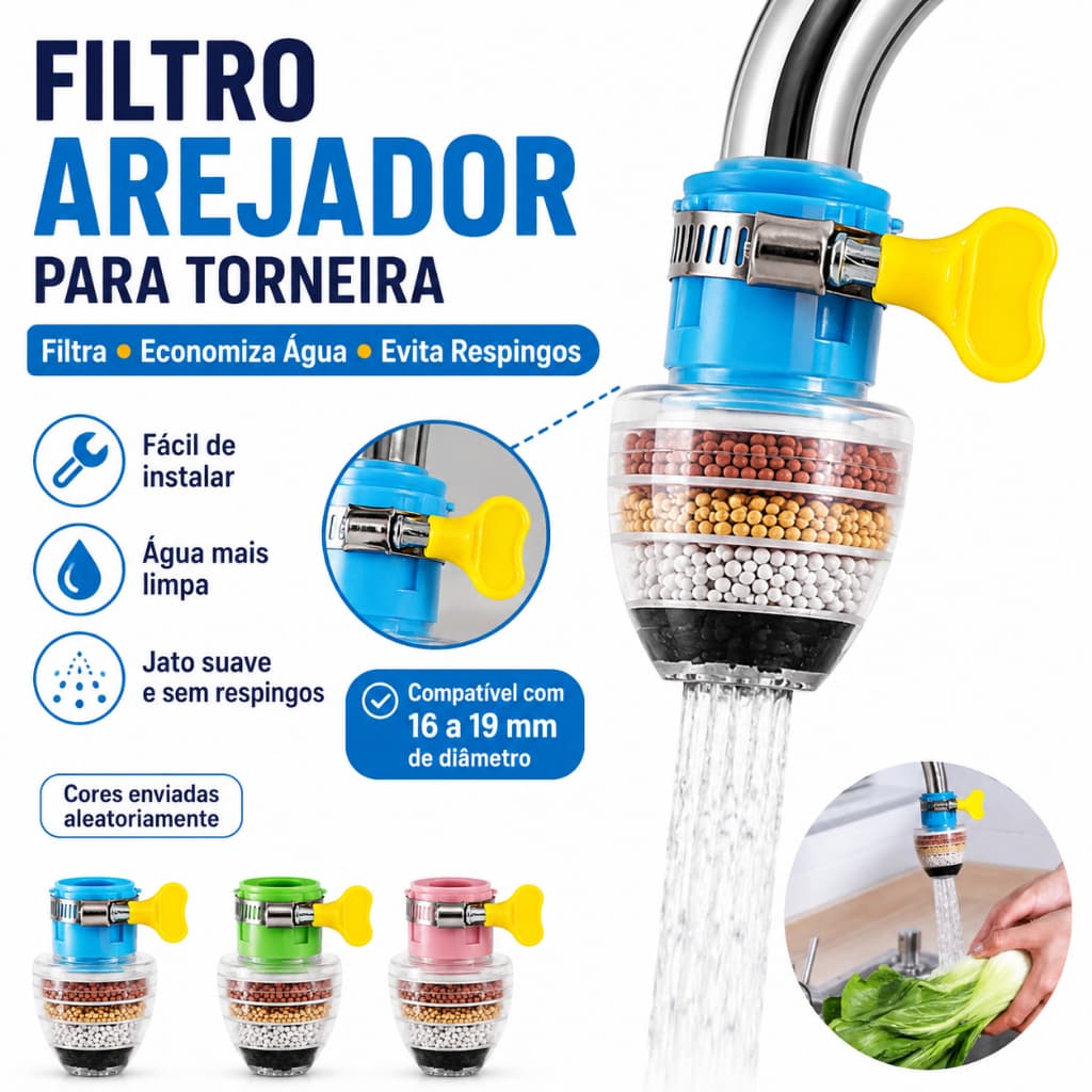 Filtro Arejador Para Torneira Purificador de Água 3 em 1 Com Carvão Ativado Antirespingo Economia de Água