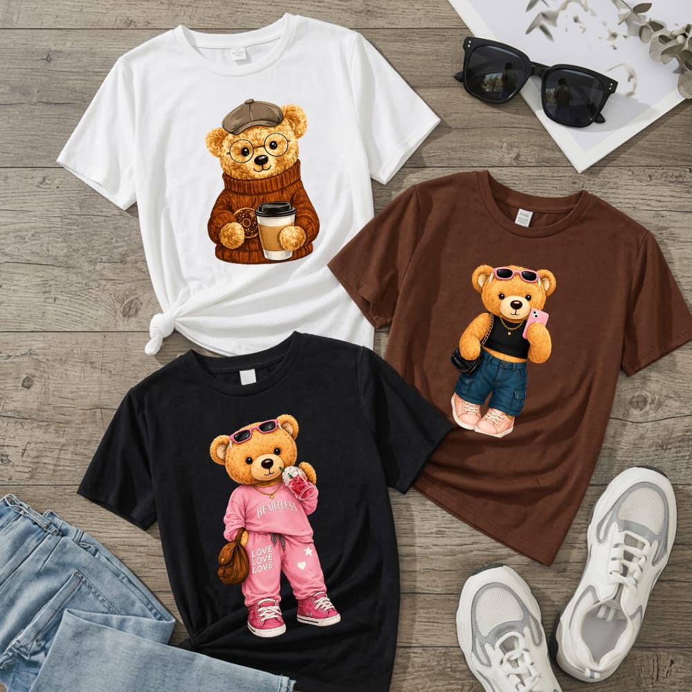 Kit 3 Camisetas Feminina basica t shirt blusinha Ursinho Teddy Bear Fashion Estilo Minimalista Uso Diário Algodão 30.1