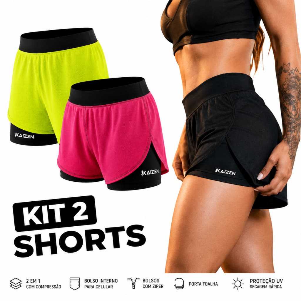 KIT COM 2 SHORTS FEMININO ACADEMIA 2 EM 1 DRYFIT C/ PORTA CELULAR KAIZEN