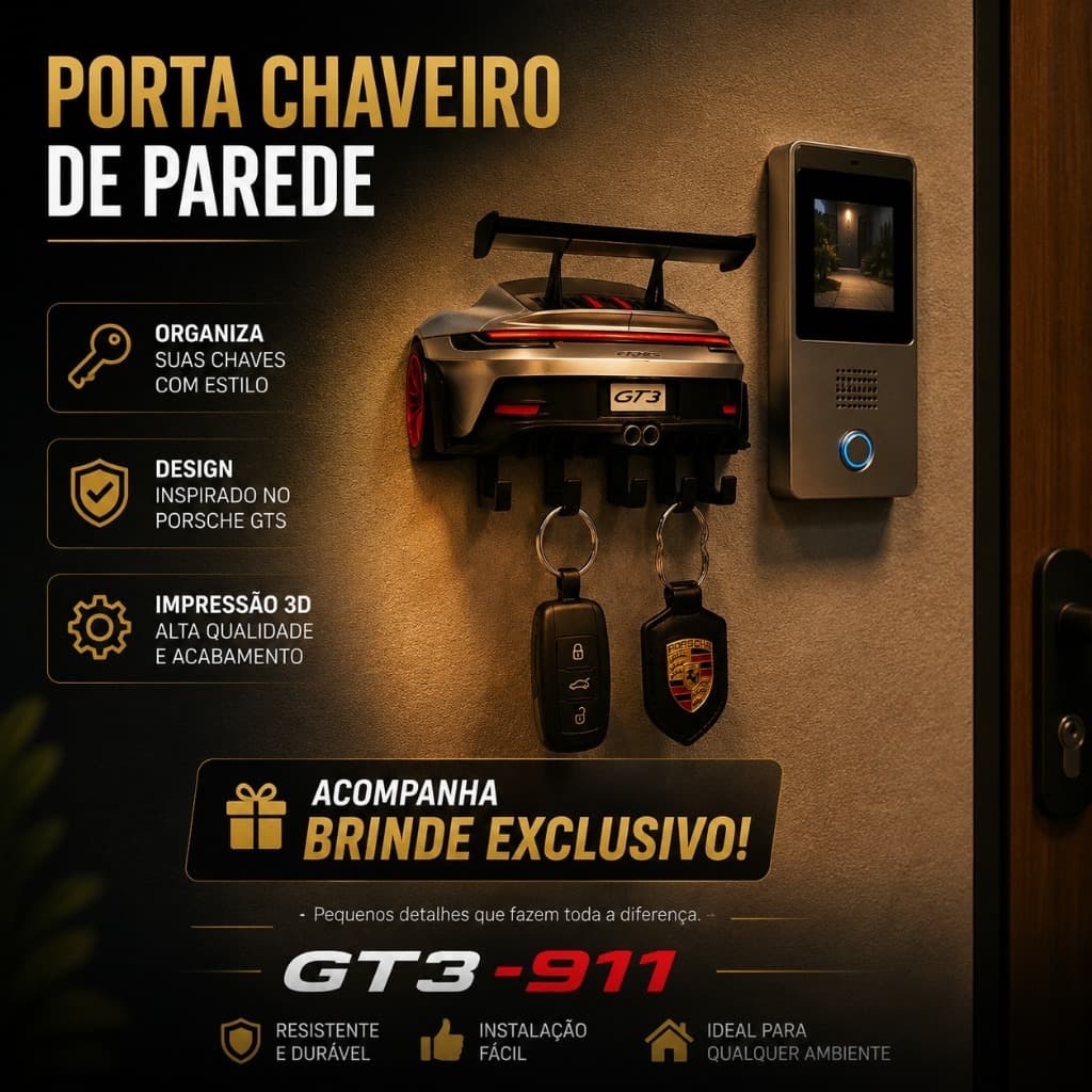 Porta-chaves Carro Inspiração Porsche Gt3 911 Organizador - Decoração Gamer Geek - Porta Chaveiro - Suporte Parede Chave