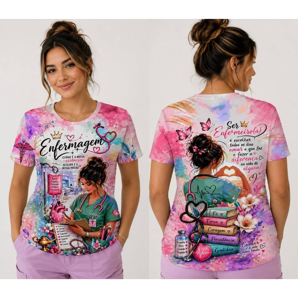 Camisa Enfermagem Feminina Sublimada Profissional Uniforme Estampa Exclusiva Área da Saúde Presente Enfermeira