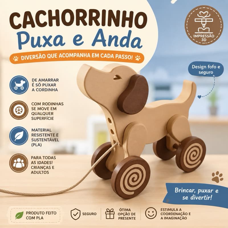 🐶 Cachorrinho Puxa e Anda - cachorrinho de cordinha– Brinquedo em Impressão 3D com Rodinhas