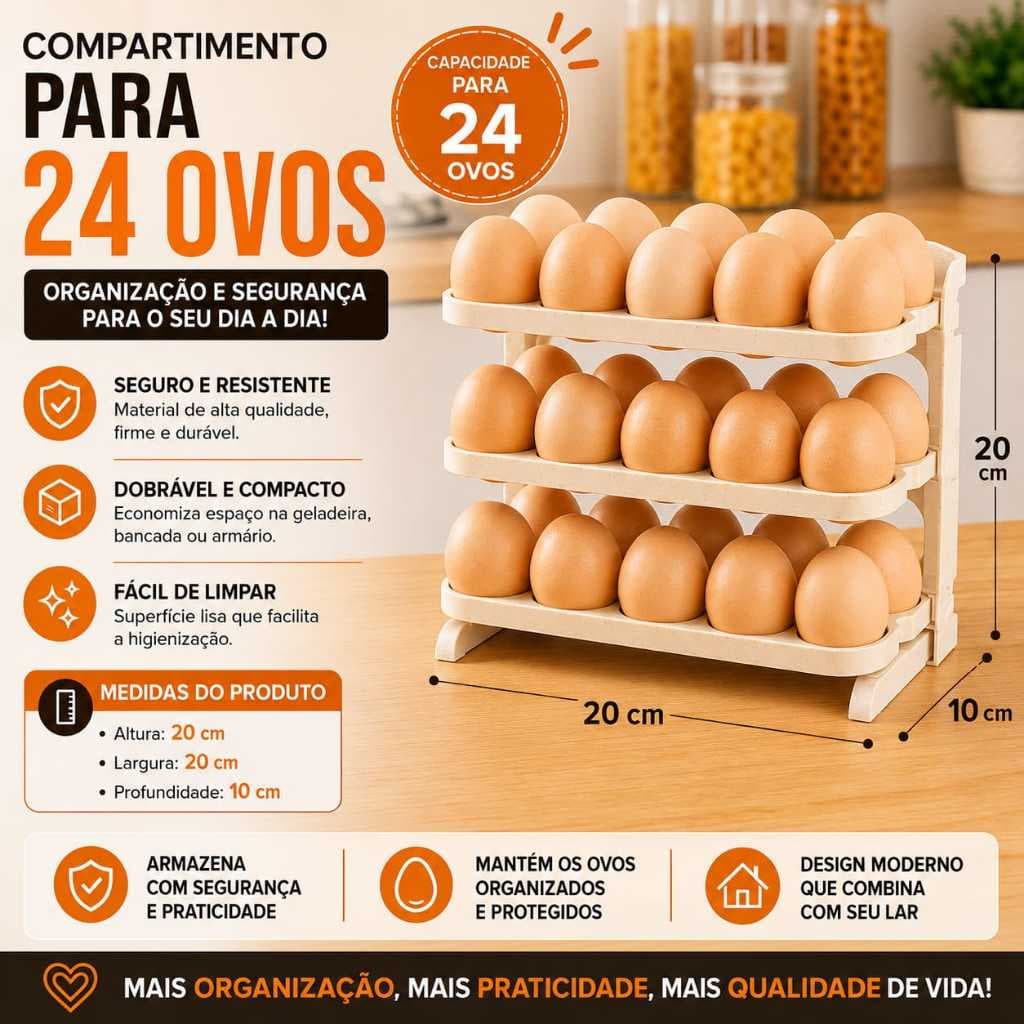 Porta Ovos Dobrável 3 Andares Capacidade para 24 Ovos Organizador de Ovos Prático e Funcional, Cozinha Organizada