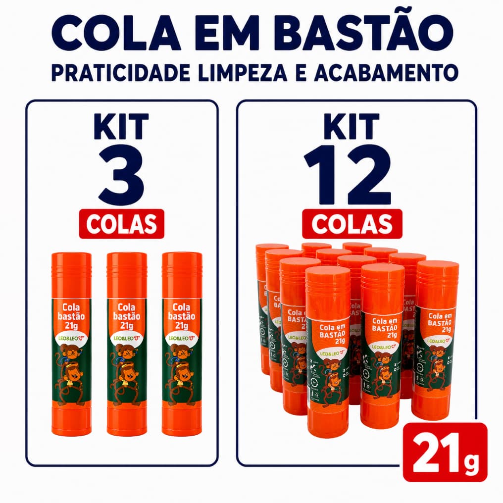 Kit Cola em Bastão 21 g Leo e Leo para Material Escolar Colagem Perfeita Não Tóxico Papel Cartolina