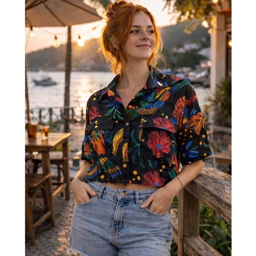 Camisa Blusa Feminina Cropped Manga Curta
