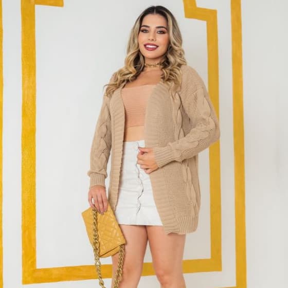 Cardigan Comprido Longo Inverno Casaco Tranças Manga Longa Elegante Noite Frio Blogueira Versátil