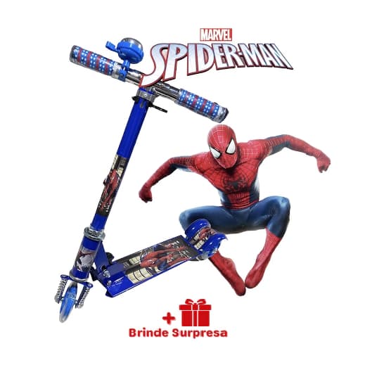 Patinete Azul Infantil Spiderman Menino Homem Aranha Dobrável de Ferro Com Led Nas 3 Rodas Buzina + Surpresa
