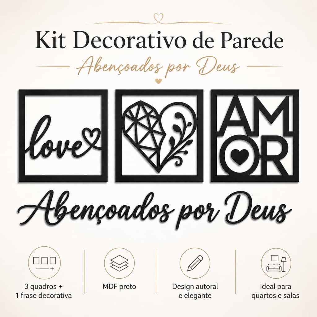 Kit 3 Quadros Love Coração Geométrico Amor + Frase Abençoados por Deus Decorativo Mdf