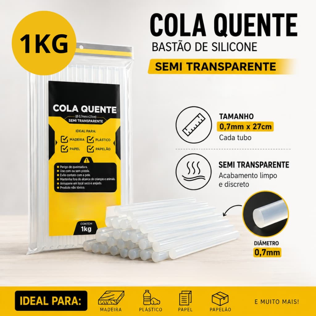 Bastão de Cola Quente Fino Refil Semitransparente 7mm x 27cm Pacote 1kg