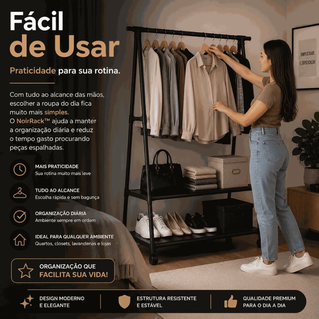 Cabideiro Organizador de Roupas com Prateleiras Multiuso Preto Resistente NoirRack™