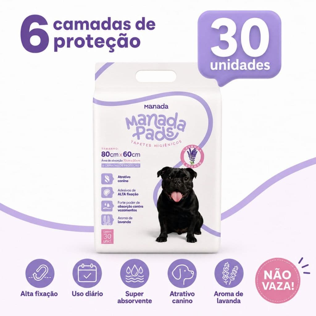 Tapete Higiênico Para Cães Manada Pads Lavanda 80x60cm 30 Unidades