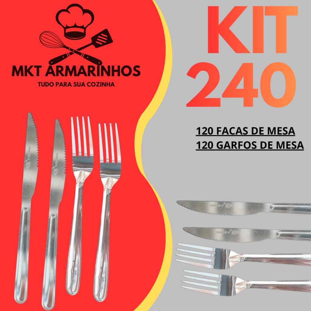 Kit Faqueiro 240 Ou 120 Peças Inox Talher Aço Inoxidável Garfos + Facas de Mesa Resistente Premium Cozinha Restaurante
