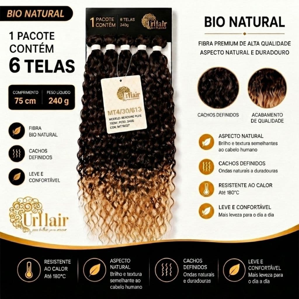 Cabelo Cacheado Entrelace Neptune 75cm Bio Fibra UrHair Aspecto Humano Castanho com Luzes e Ponta Loira