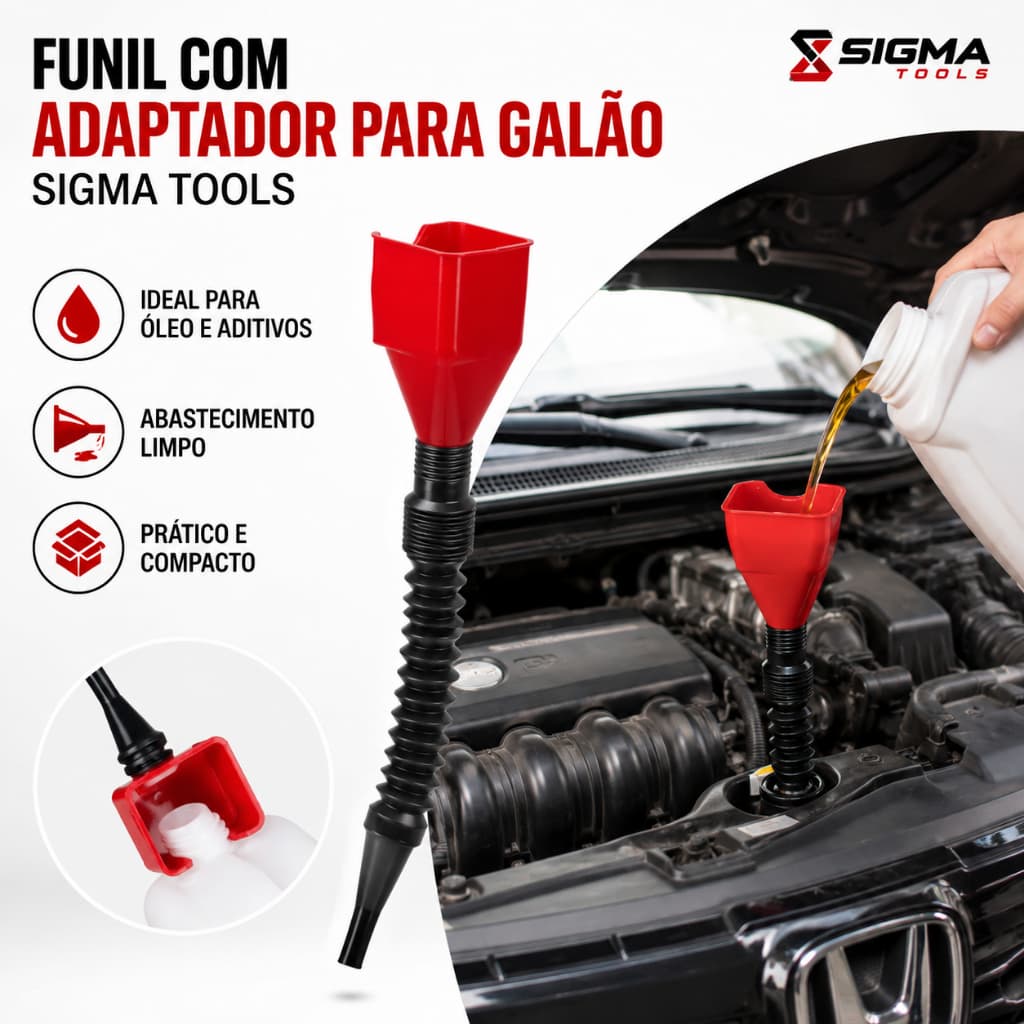 Funil com Adaptador para Galão Sigma Tools com Tubo Flexível para Óleo, Aditivos e Produtos Automotivos