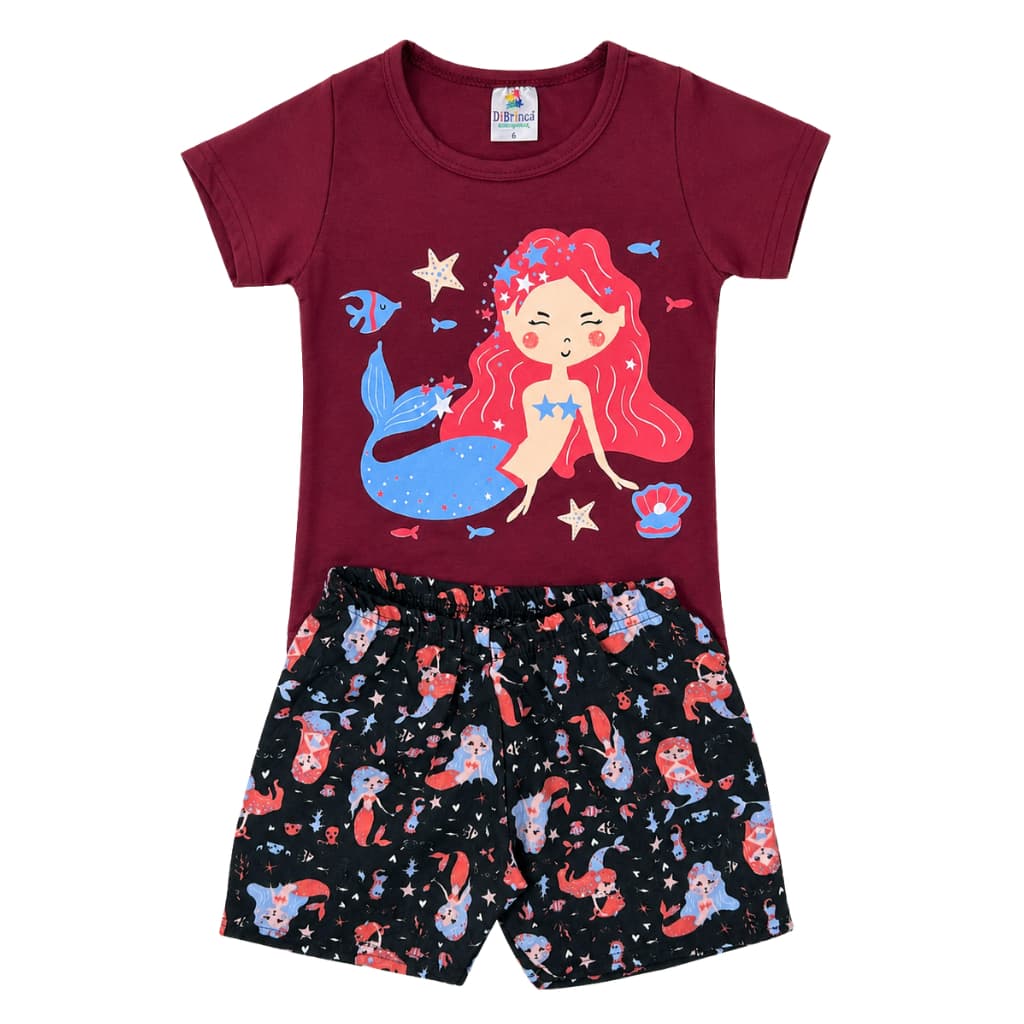 Conjunto Infantil Verão Menina Estampado Sereia Bordô Premium Bebê Feminino