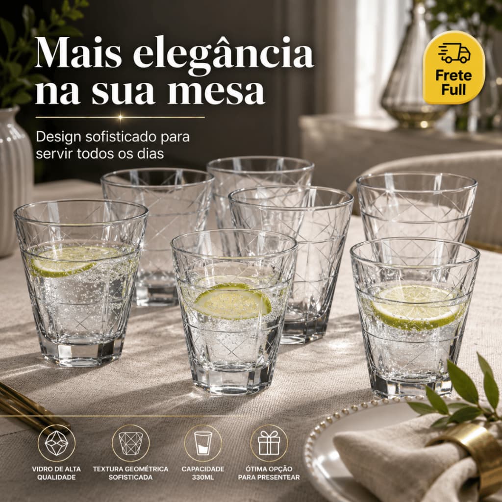 Jogo 6 Copos de Vidro Porto Fino Short 330ml Resistente Dumiat Entrega FULL Mega Promoção!!!