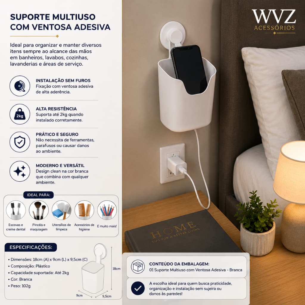 Suporte Multiuso Ventosa Adesiva Porta Celular Banheiro Cozinha Lavanderia Até 2kg Branco