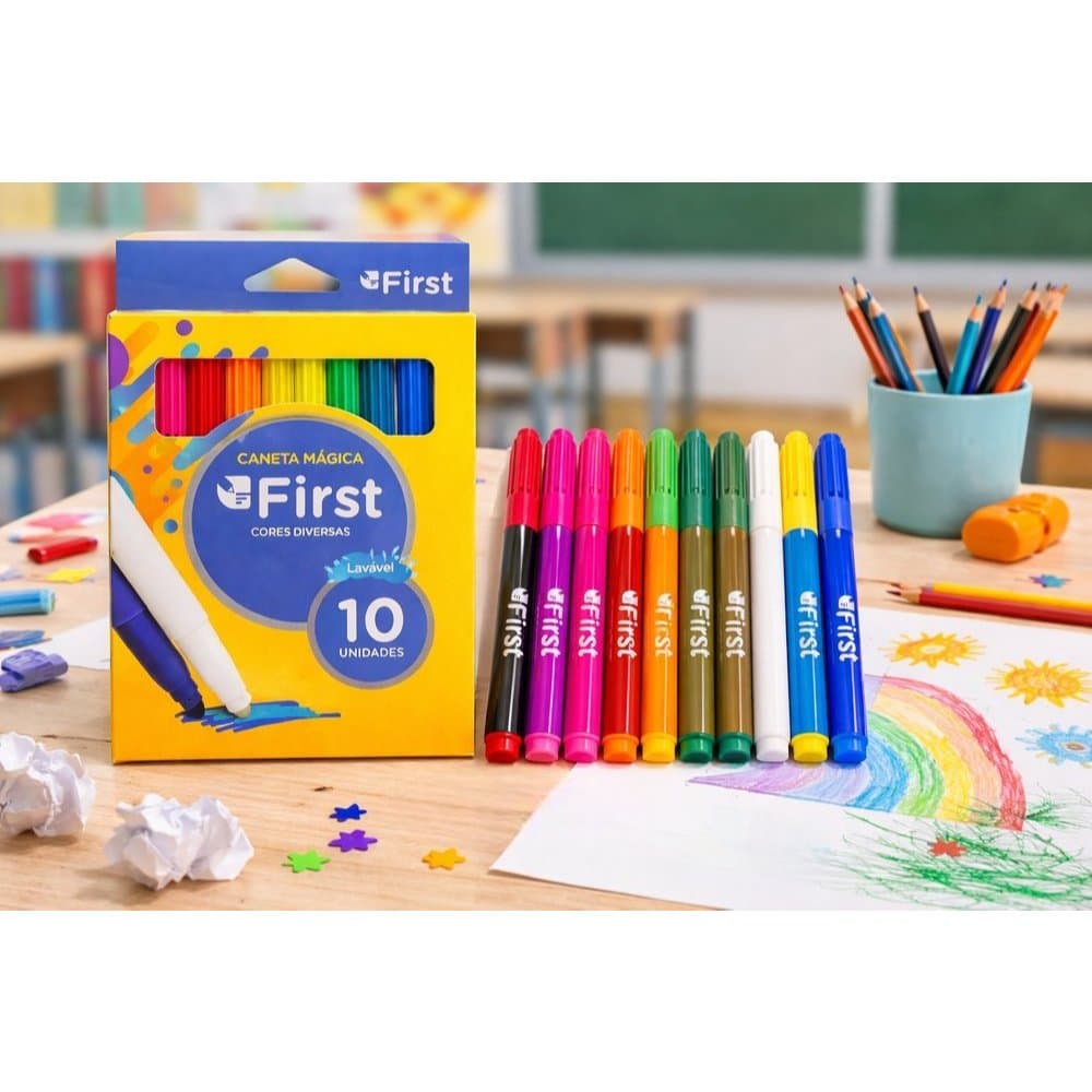 Kit 10 Canetinhas Hidrográficas Laváveis Coloridas Escolar Desenho Pintura Papel First BM3175