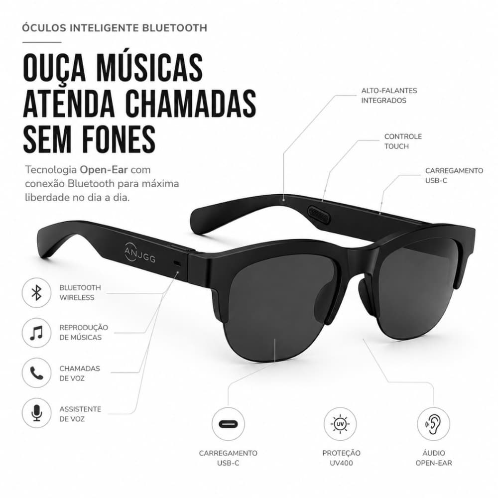 Óculos Inteligentes Bluetooth Áudio Integrado F-01 Sem Fone Músicas Chamadas e Proteção UV Cor Preto