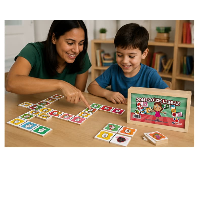 Dominó em Libras 28 Peças em MDF | Brinquedo Educativo para Alfabetização e Inclusão