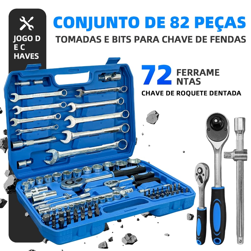 Conjunto De Ferramentas Com 82 Peças Incluindo Jogo De Soquetes Chave De Catraca Dupla e Caixa De Ferramentas.