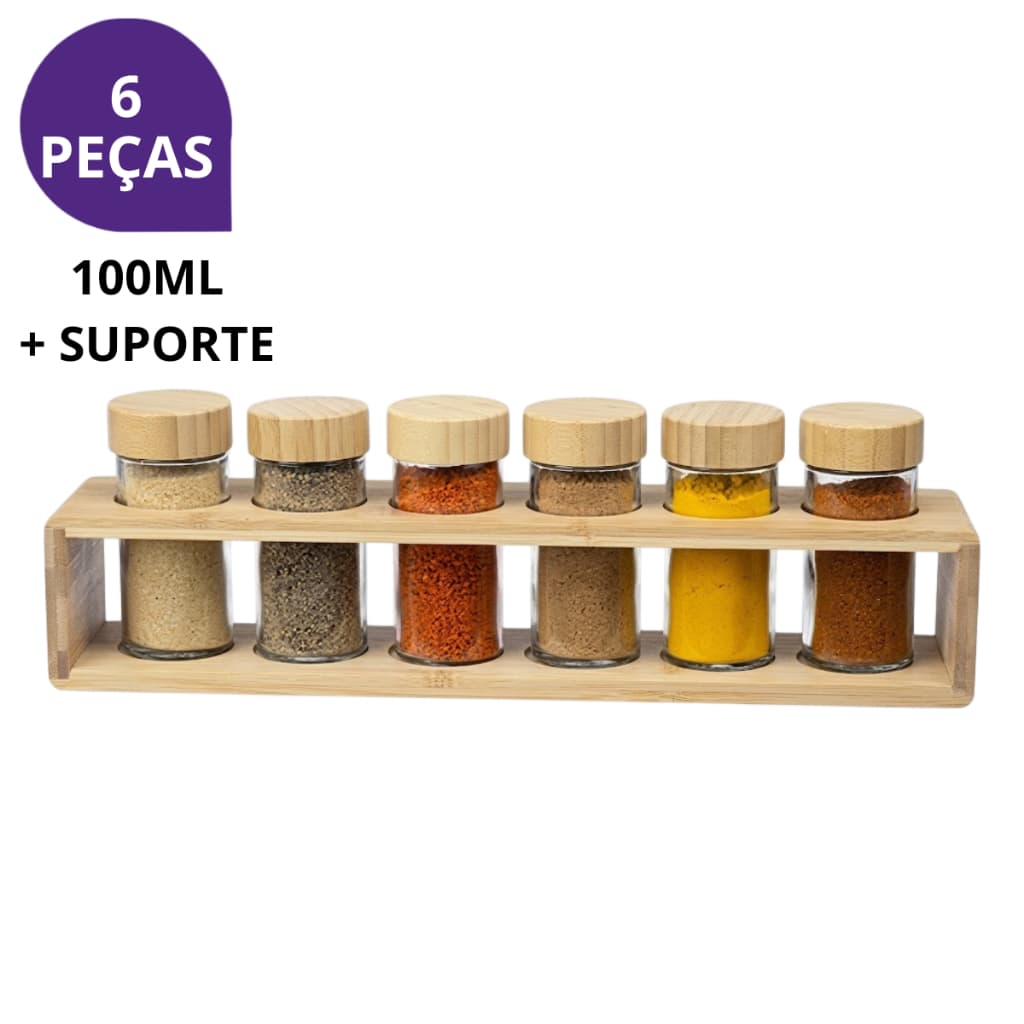 Conjunto de Potes de Vidro 100ml com Tampa de Bambu e Suporte de Bambu para Temperos Organização Cozinha