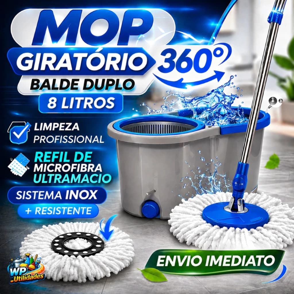 Mop Giratório 8 litros Balde Duplo Limpeza Esfregão Cabo Inox Refil Microfibra Cesto 360º Prática