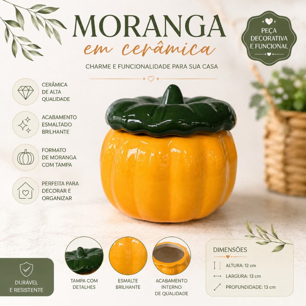 Pote em Formato de Abóbora Moranga com Tampa Cerâmica Decorativa Cozinha Centro de Mesa Rústico