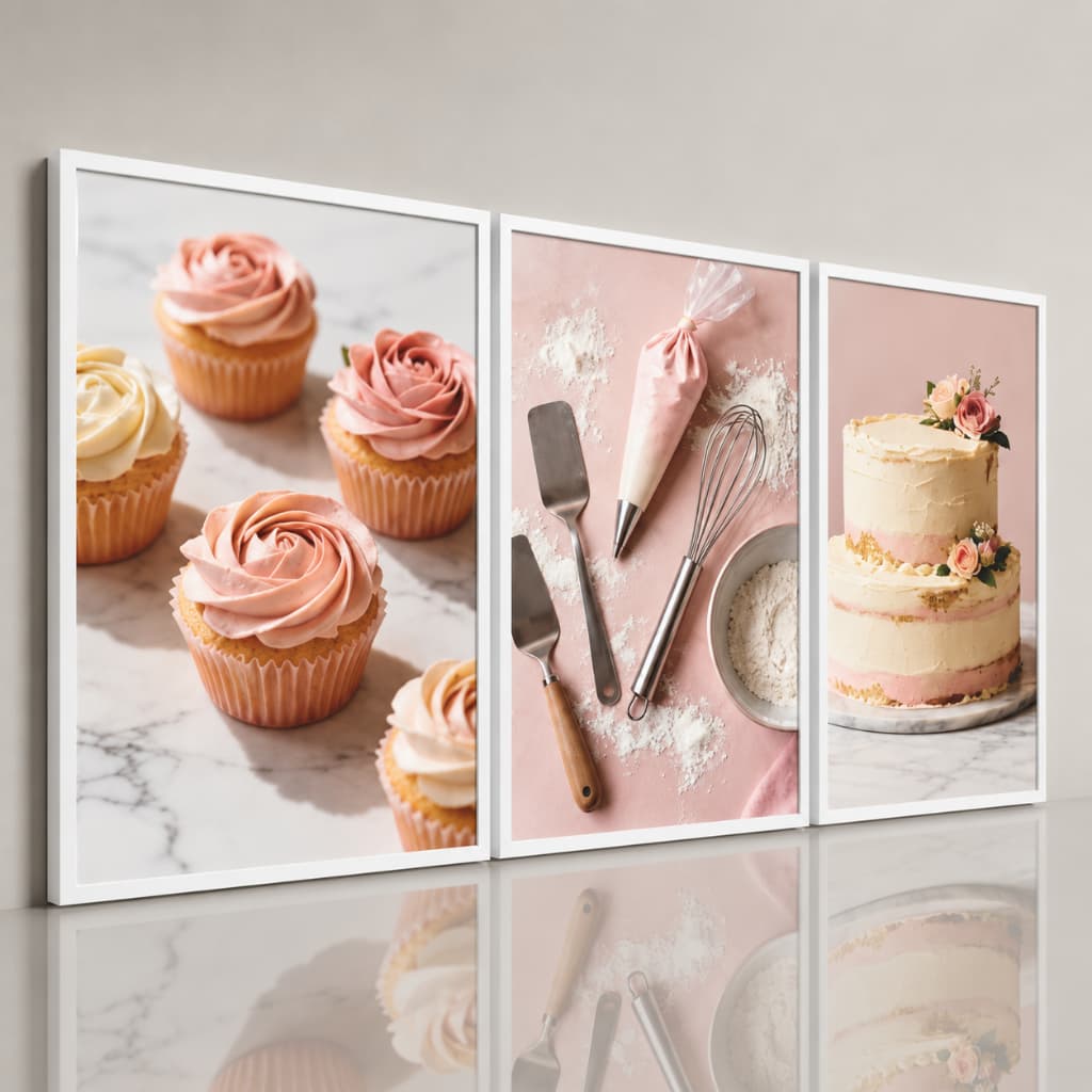 Kit 3 Quadros Decorativos Cozinha Gourmet Cupcakes E Espátula Placa Decoração Doceria Moderna Elegante