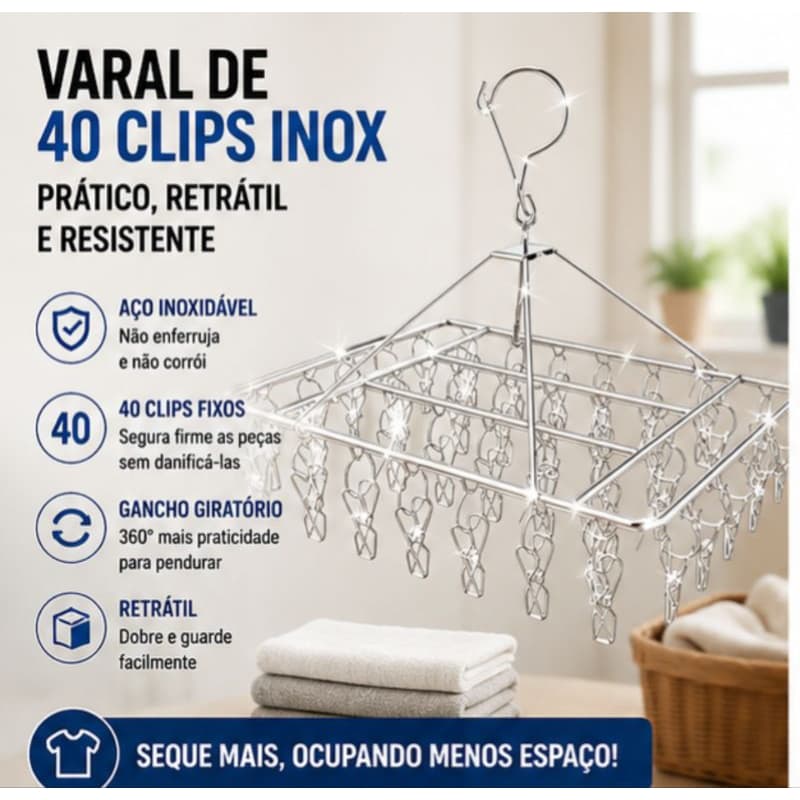 Varal de Roupas 40 Clips Inox Retrátil Dobrável Cabide para Meias Roupas Íntimas