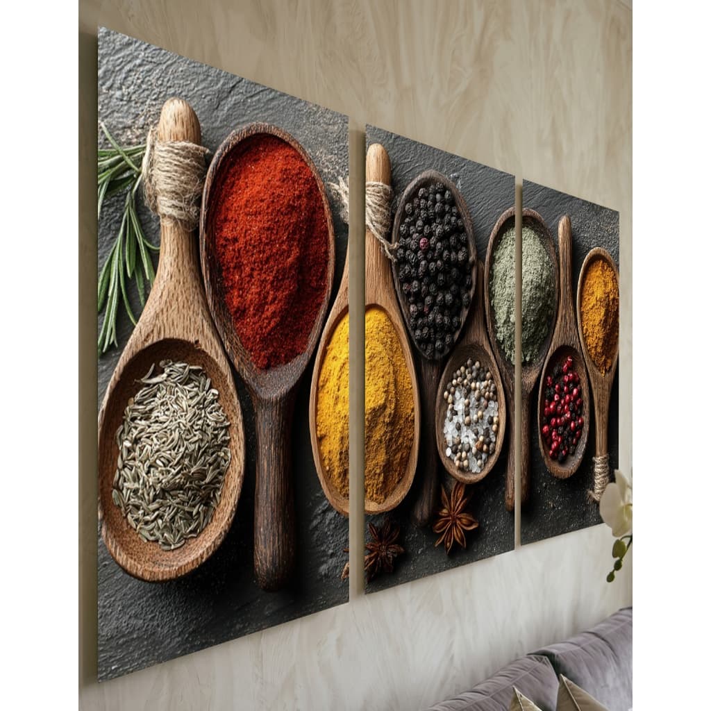 Kit 3 Quadros Cozinha Gourmet Especiarias Temperos Rústico Decoração Parede Sala Jantar Chef